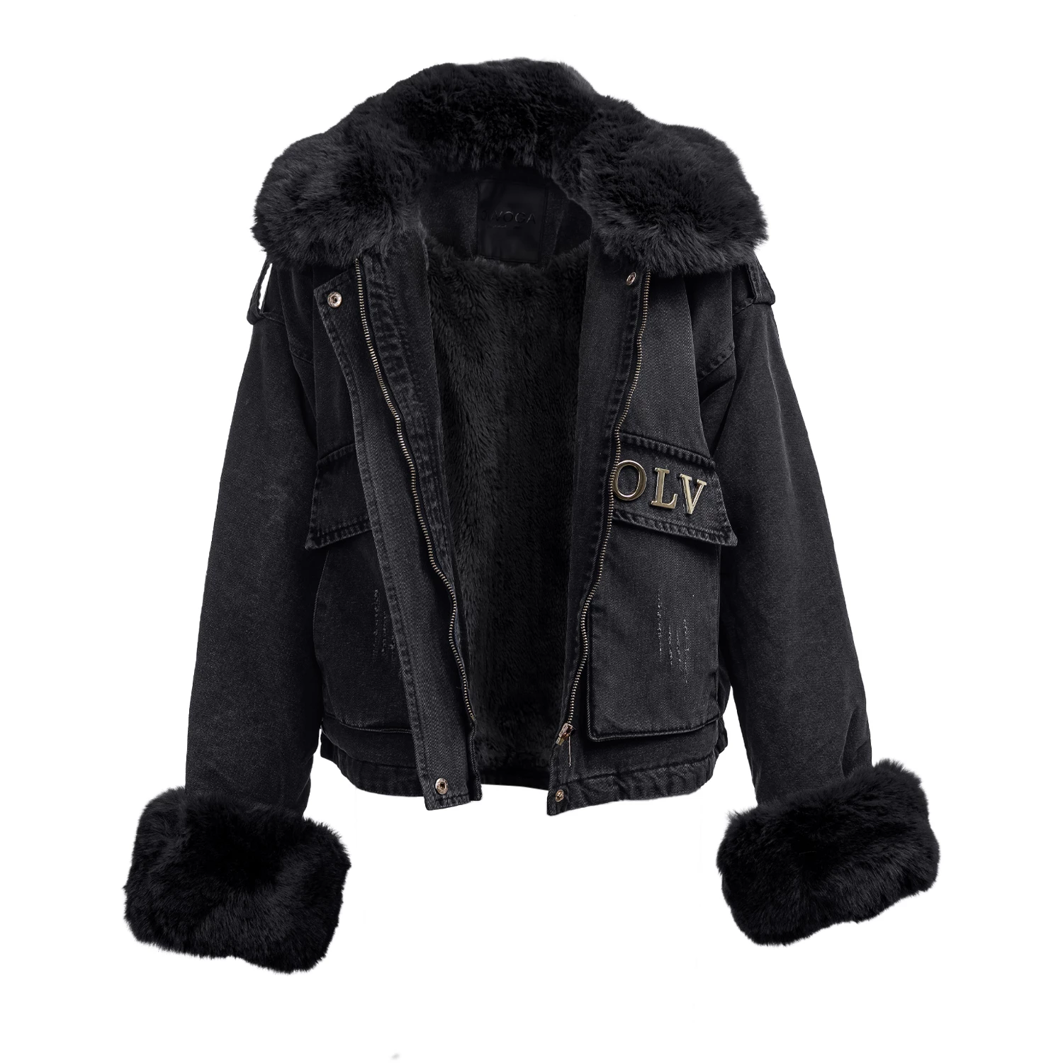 Women's denim jacket with fur OLAVOGA MONDEO - Black | S | Pasuri