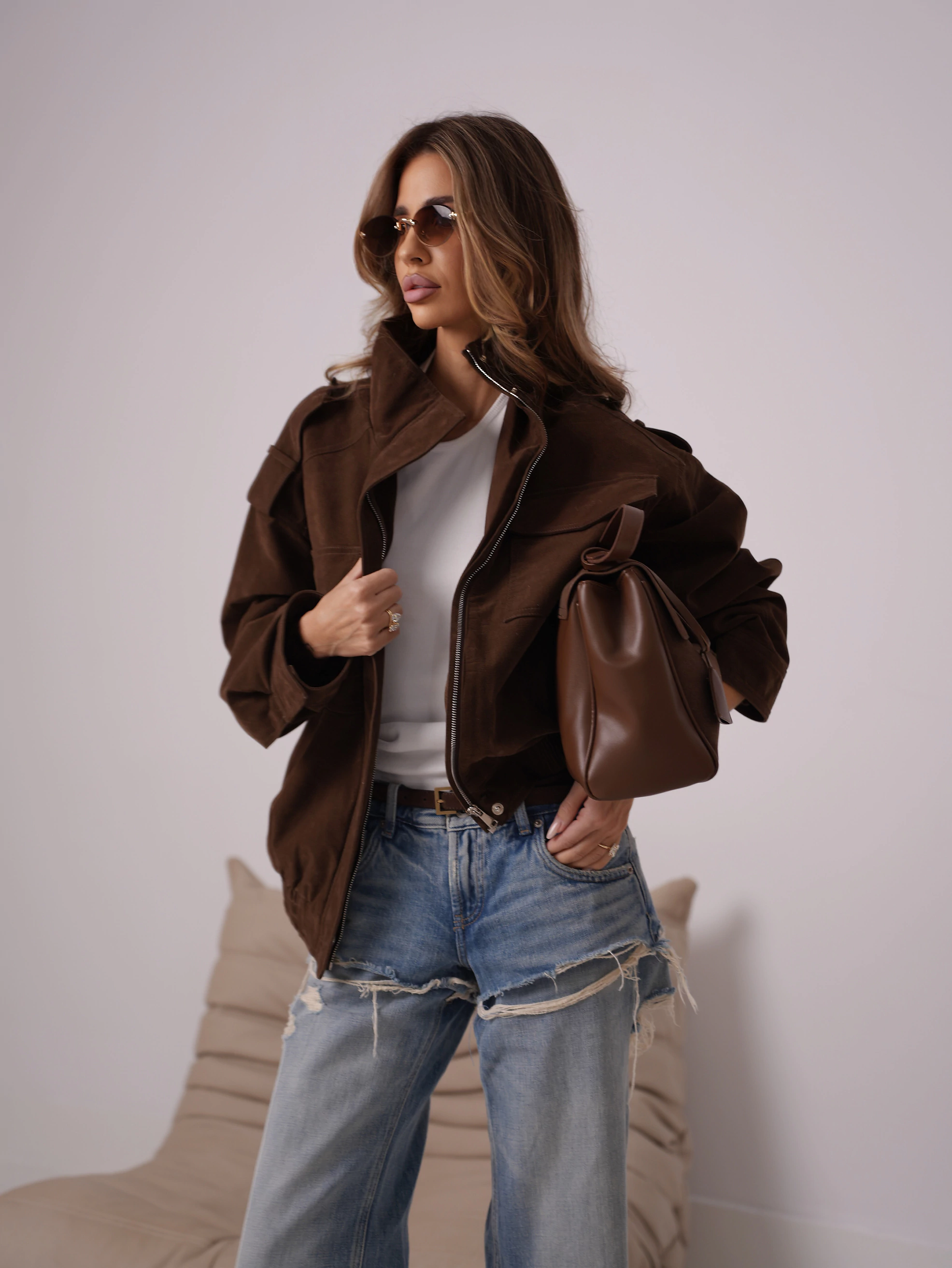 Damenjacke in Veloursleder-Optik OLAVOGA RYZEN - Braun