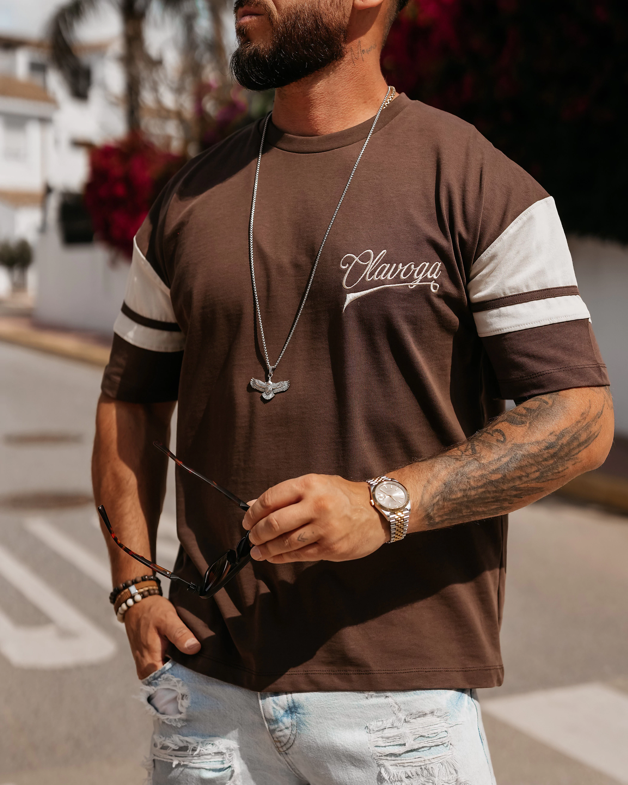 T-shirt męski oversize OLAVOGA Men VALDORIN - Brązowy