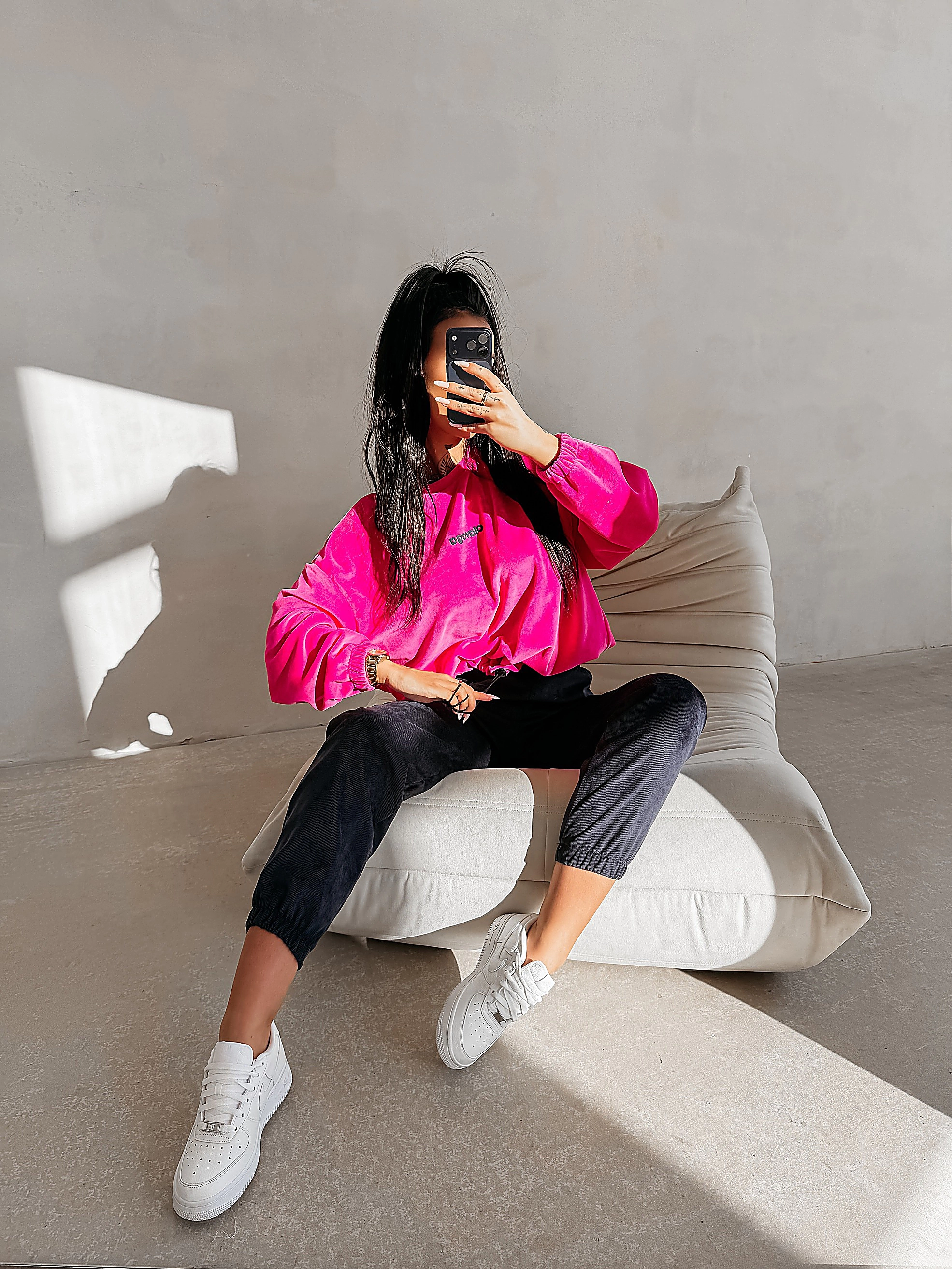 Ladies' velour sweatshirt OLAVOGA VELVORA - Fuchsia