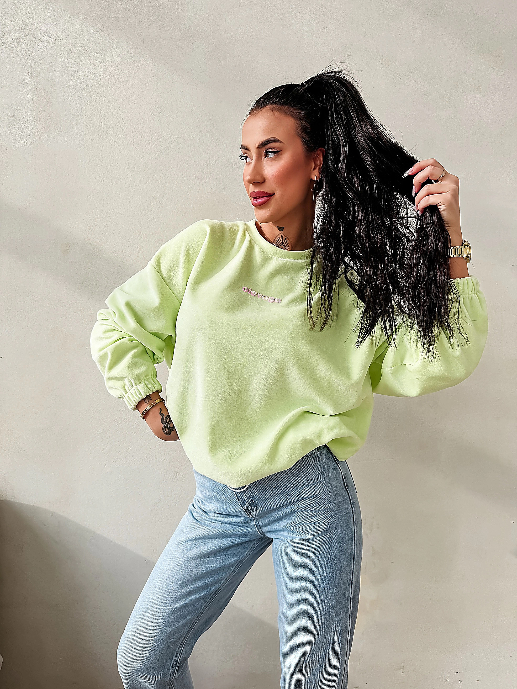 Ladies' velour sweatshirt OLAVOGA VELVORA - Lime green