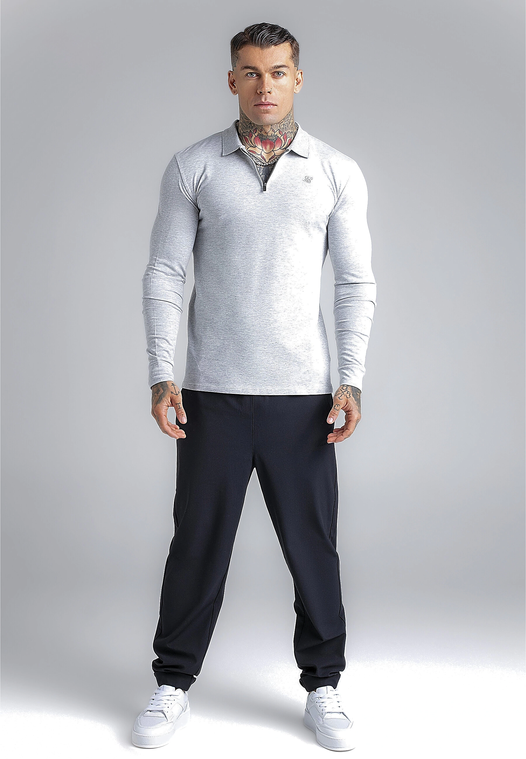 Pánské tričko SIKSILK ZIP POLO s dlouhým rukávem 29280 - šedé