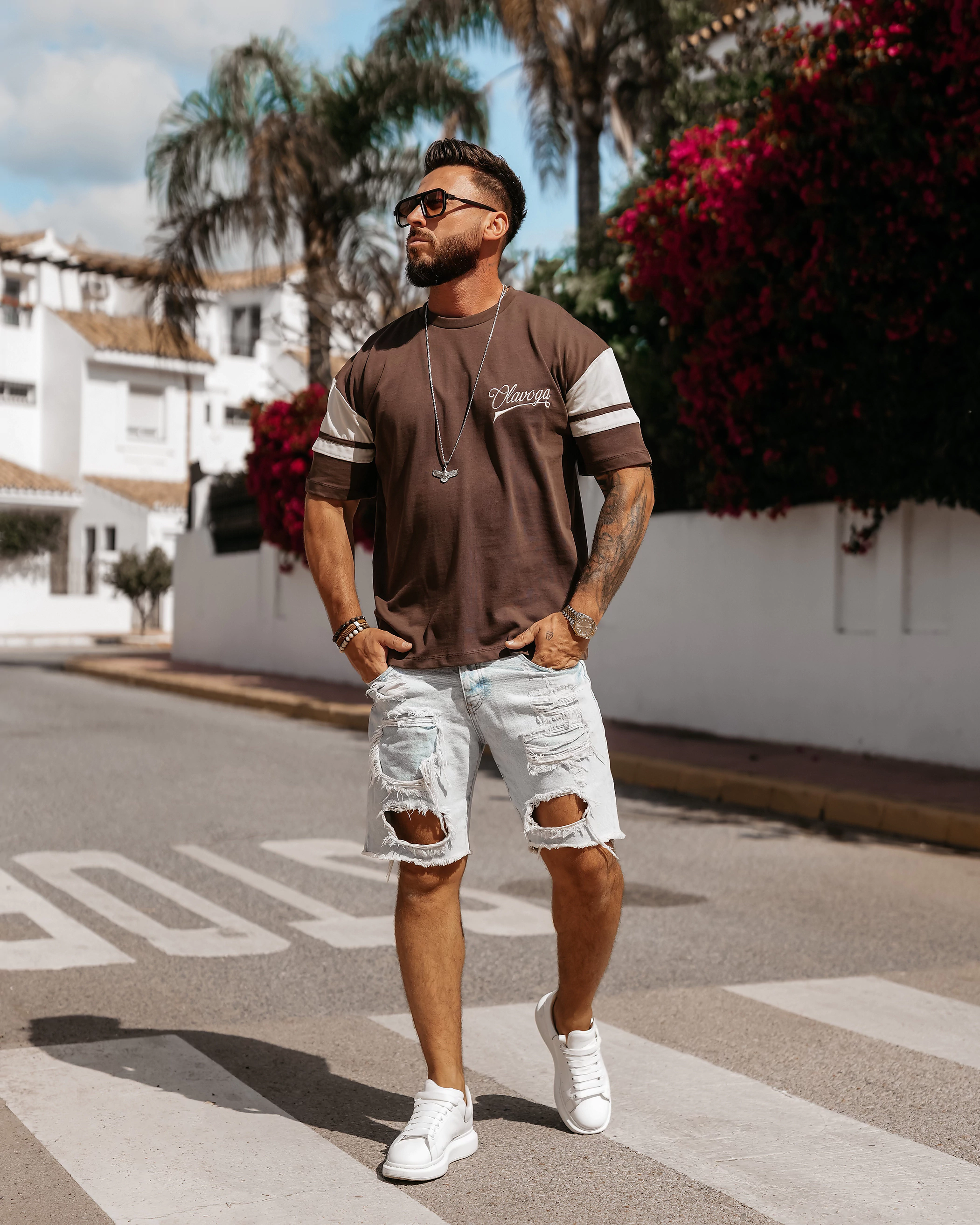 T-shirt męski oversize OLAVOGA Men VALDORIN - Brązowy