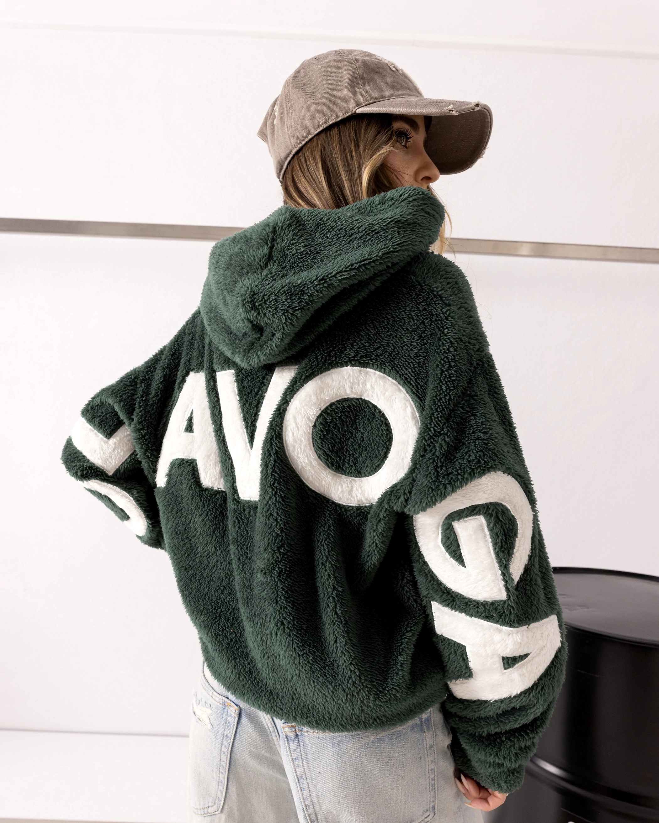 OLAVOGA FIDO Sherpa-Kapuzenpullover für Damen – Dunkelgrün