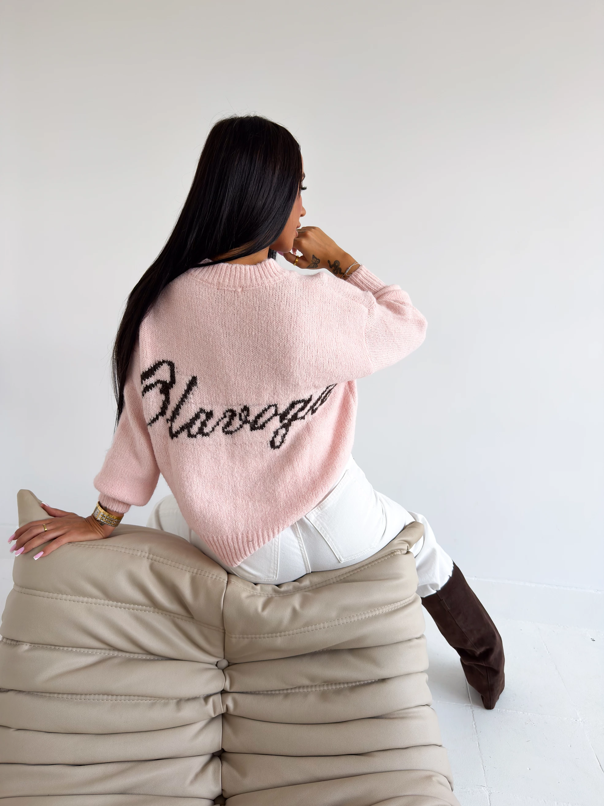 Damenpullover mit kontrastierendem OLAVOGA FONSI-Logo – Puderrosa