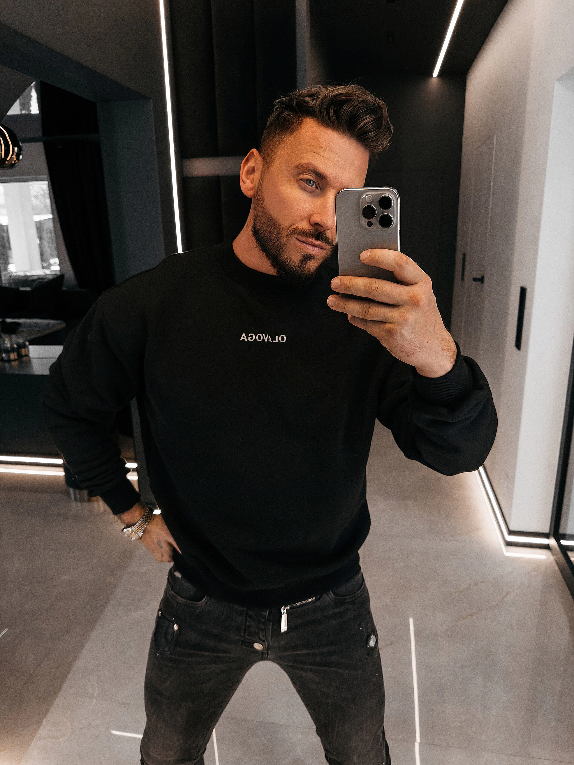 OLAVOGA Männer FLASH Kragen Sweatshirt - Schwarz