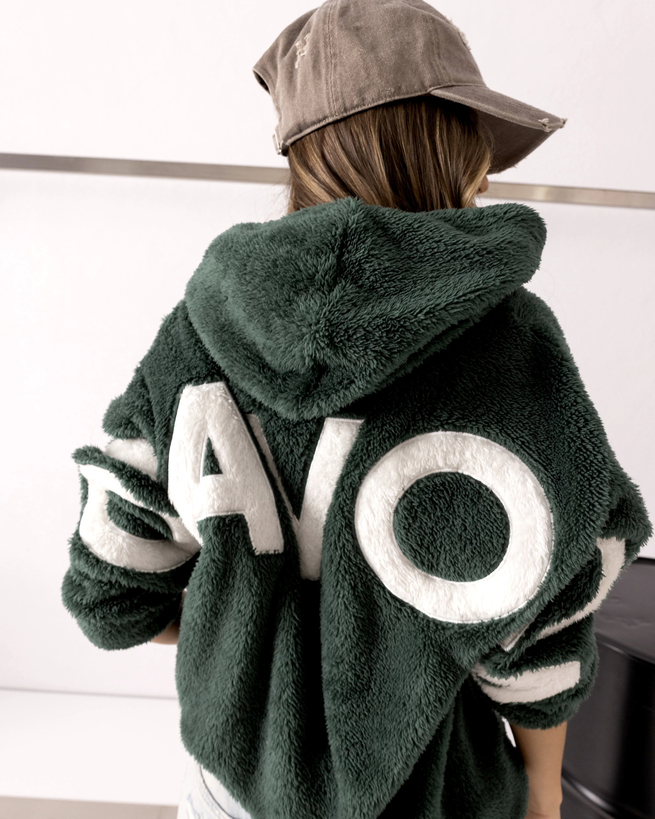 OLAVOGA FIDO Sherpa-Kapuzenpullover für Damen – Dunkelgrün