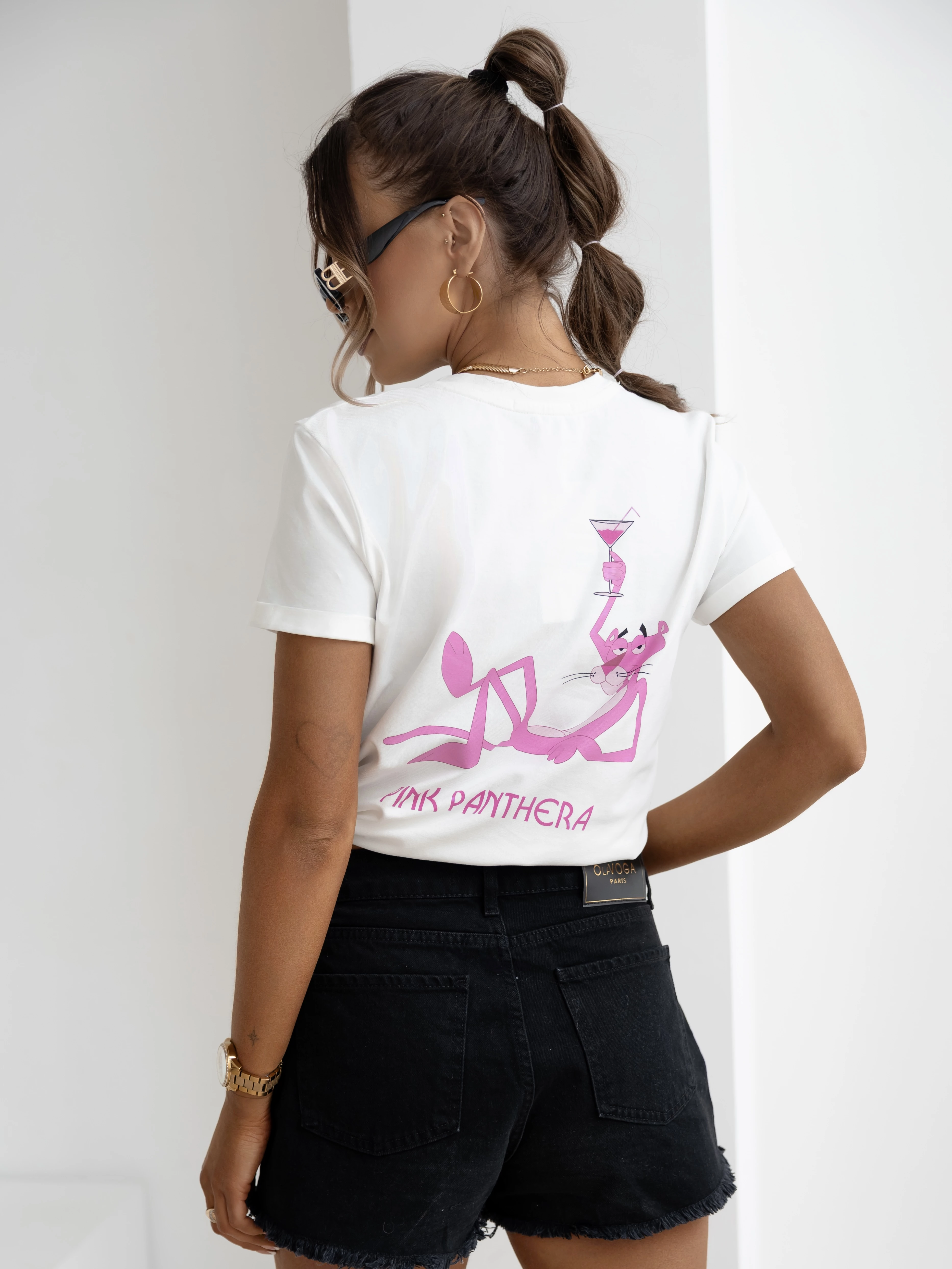 T-shirt damski z różową panterą OLAVOGA PORT - Écru