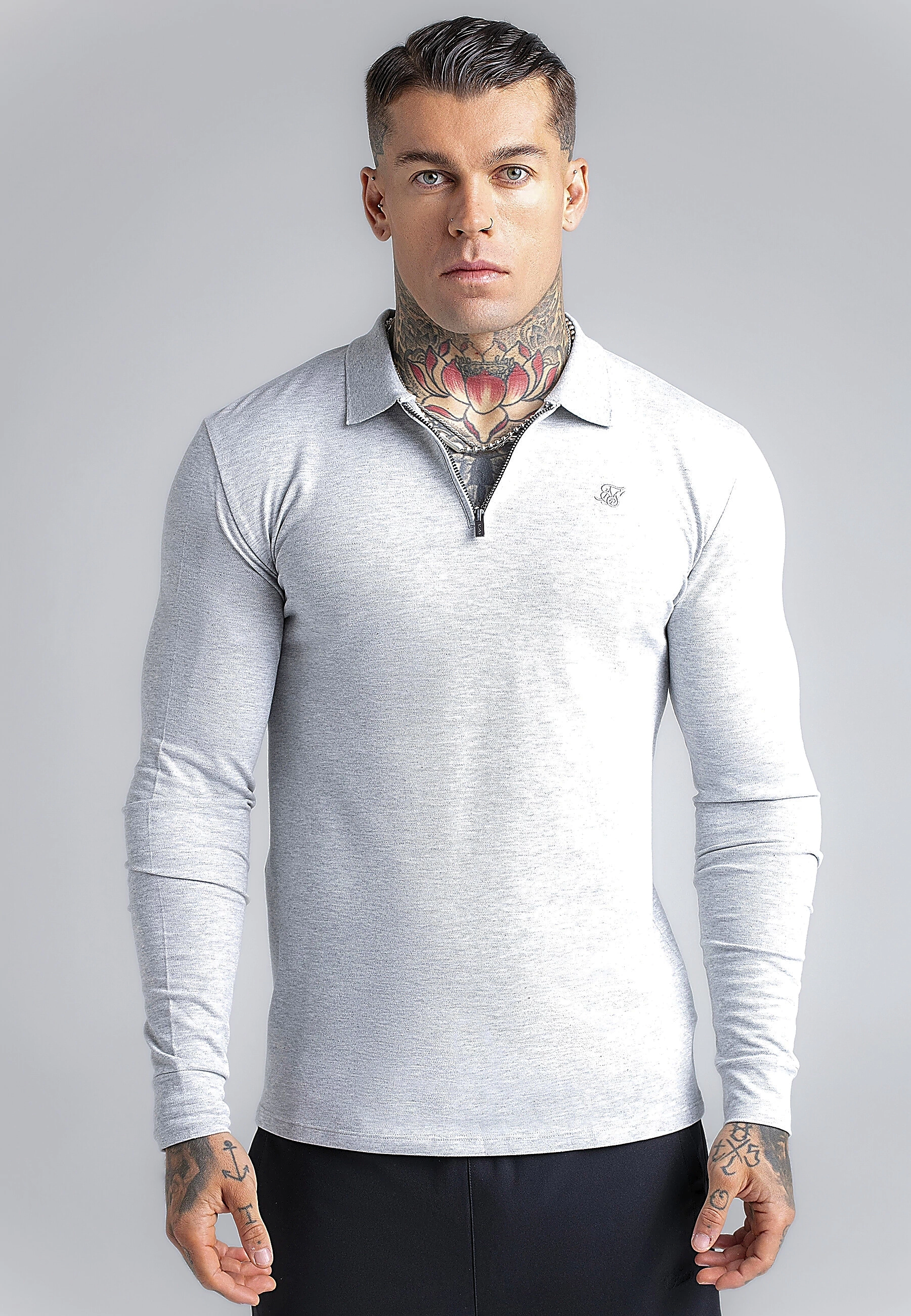 Pánské tričko SIKSILK ZIP POLO s dlouhým rukávem 29280 - šedé