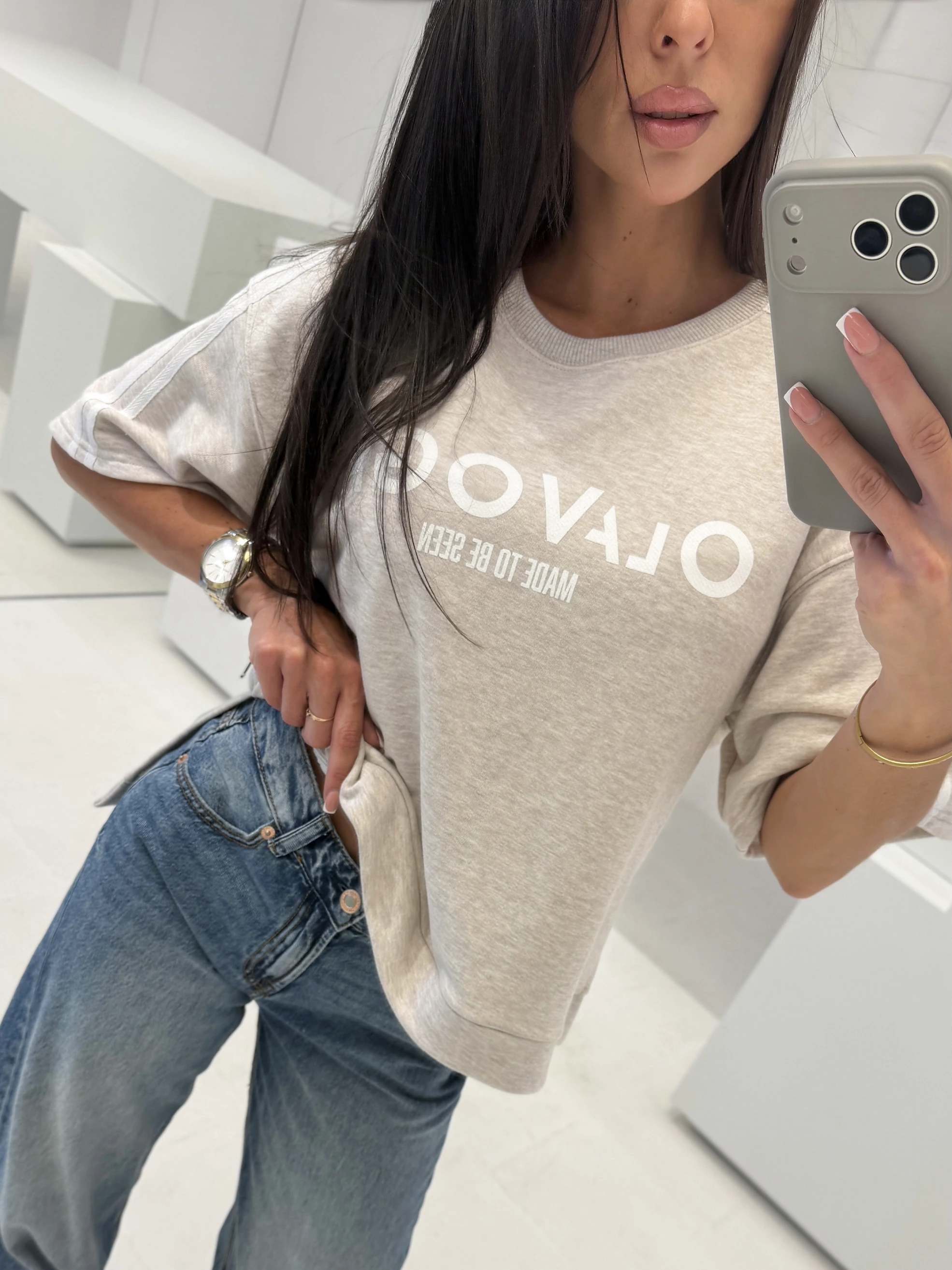 T-shirt damski z lampasami OLAVOGA KALMA - Szary