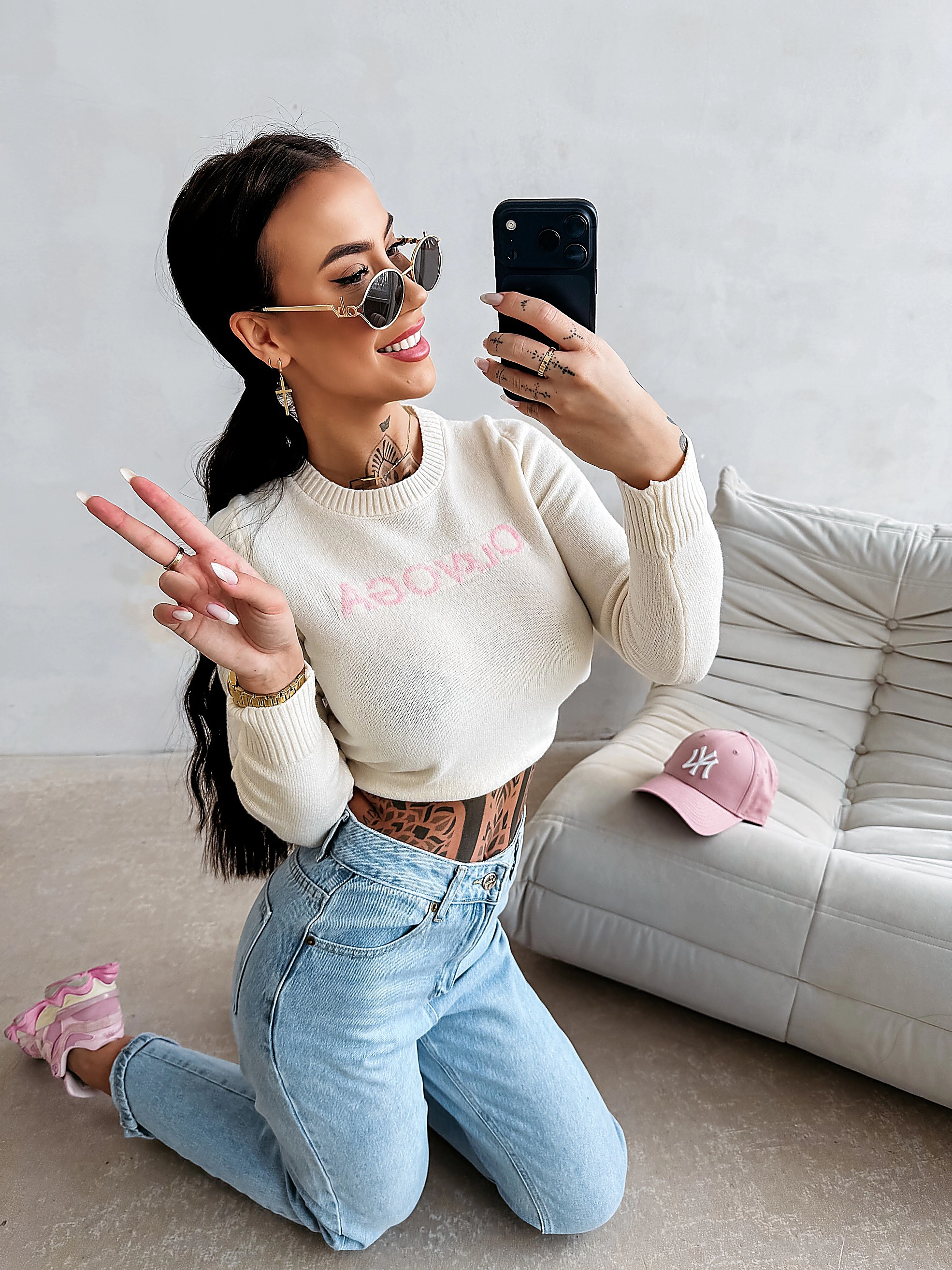 Sweter damski casual OLAVOGA ZAIO - Écru