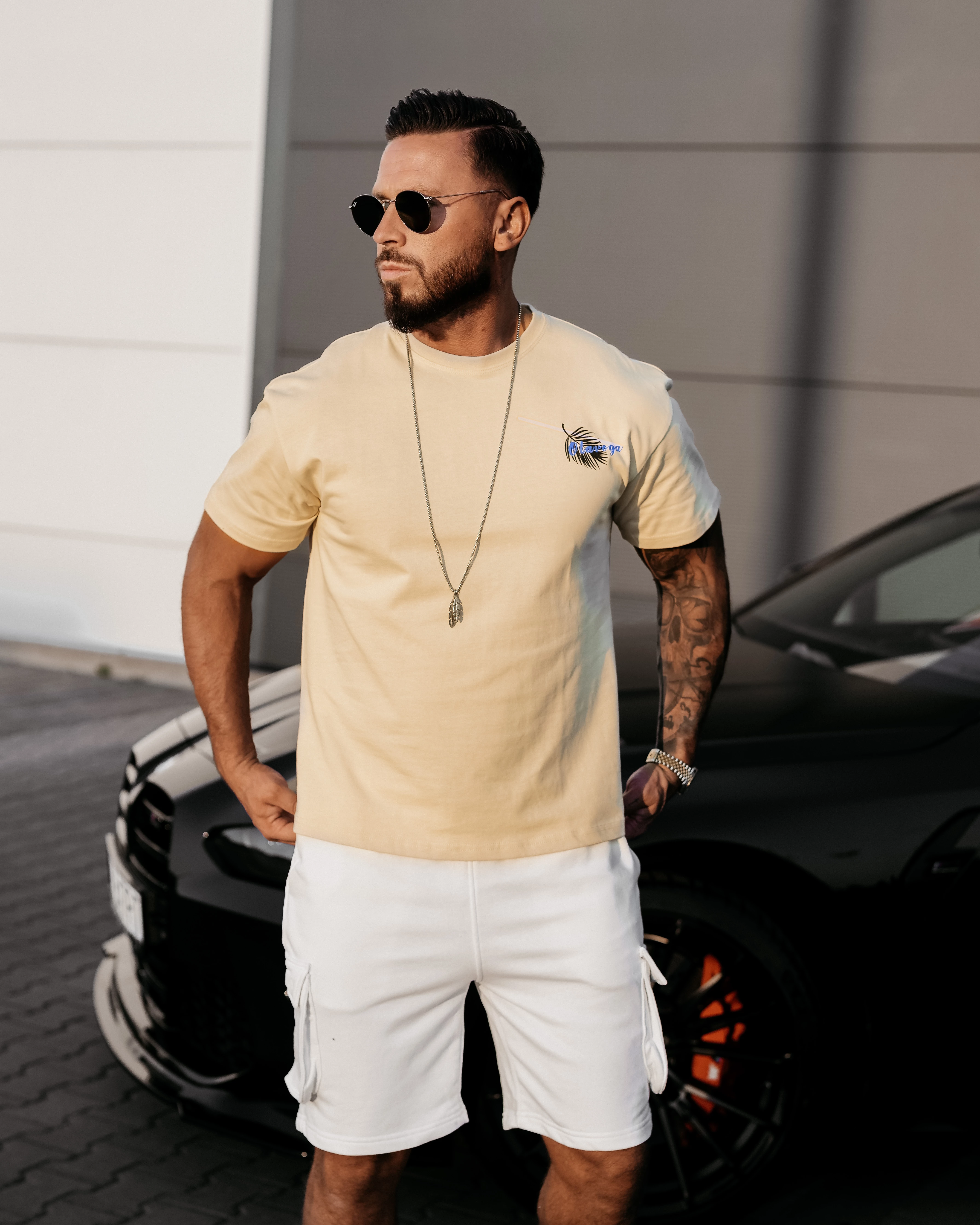T-shirt męski z printem OLAVOGA Men PALM WAVE - Beż